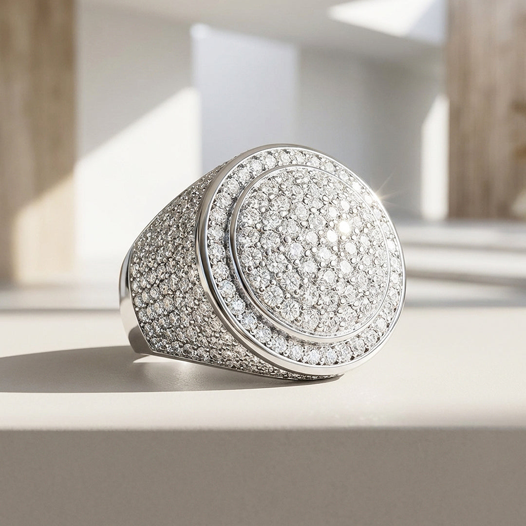 Iced Dome Signet Moissanite Men Ring | 925 Sterling Silver | PRM1019