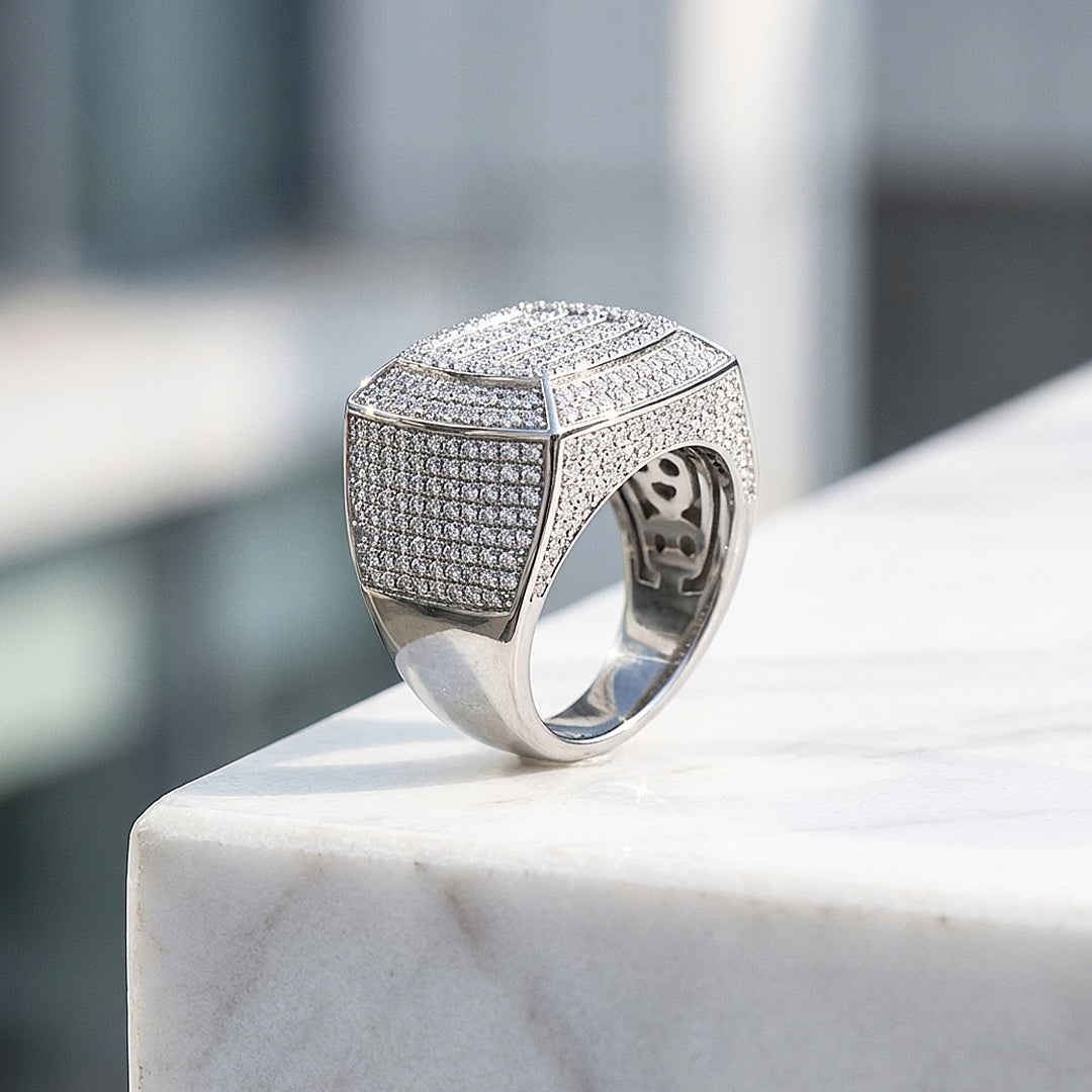 Iced Cushion Signet Moissanite Men Ring | 925 Sterling Silver | PRM1022