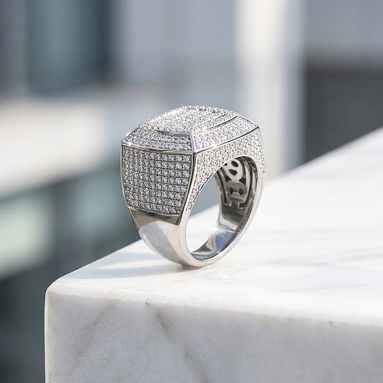 Iced Cushion Signet Moissanite Men Ring | 925 Sterling Silver | PRM1022