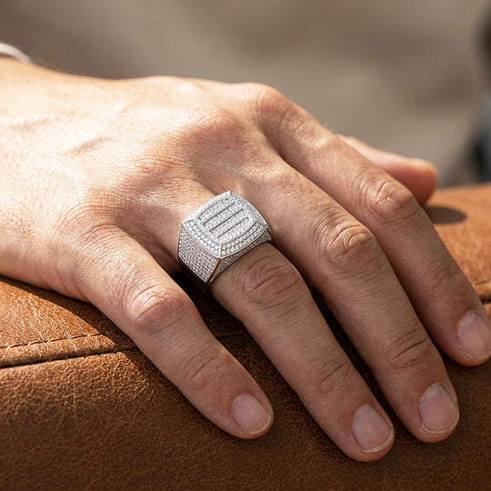 Iced Cushion Signet Moissanite Men Ring | 925 Sterling Silver | PRM1022