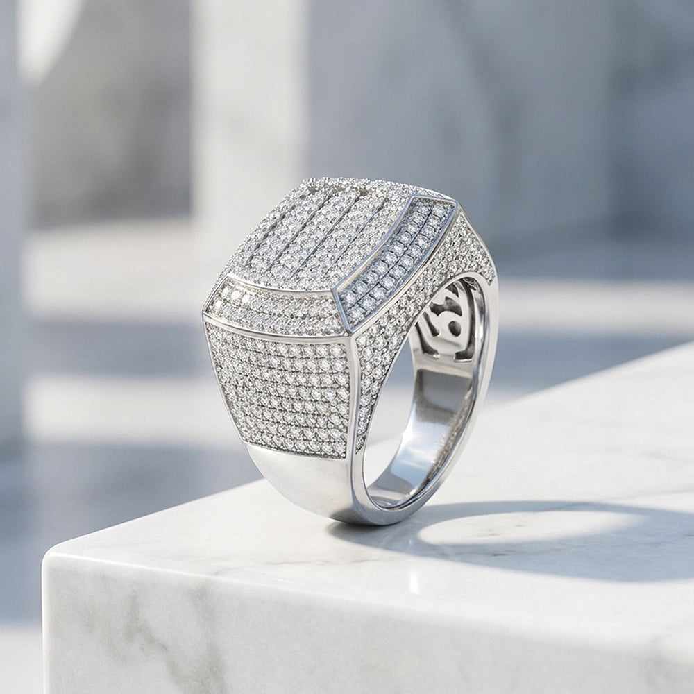 Iced Cushion Signet Moissanite Men Ring | 925 Sterling Silver | PRM1022