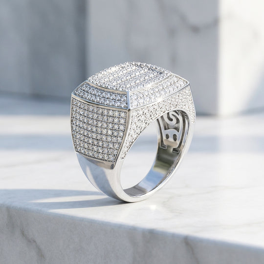 Iced Cushion Signet Moissanite Men Ring | 925 Sterling Silver | PRM1022