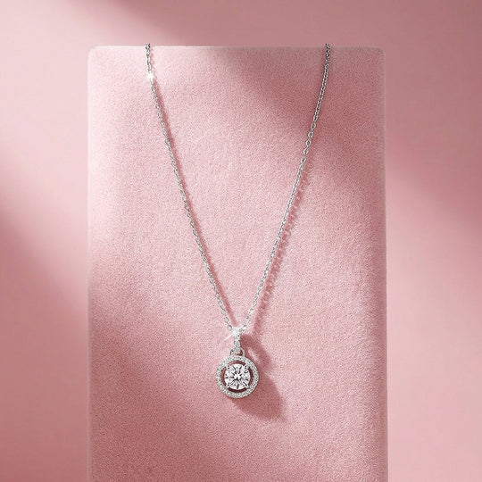 Round Halo Moissanite Solitaire Pendant Necklace | PRM2004