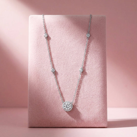 Round Halo Station Moissanite Pendant Necklace | PRM2007