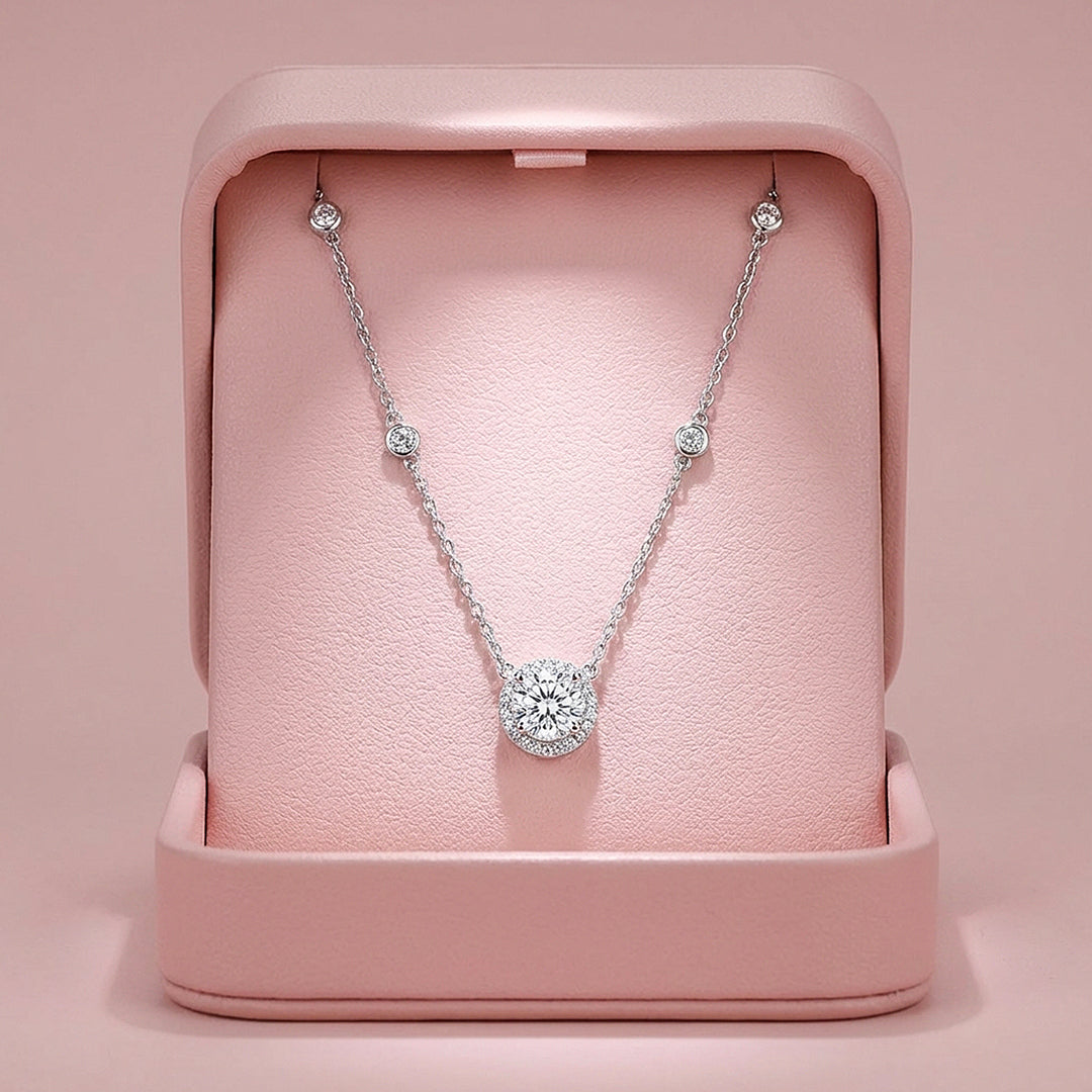 Round Halo Station Moissanite Pendant Necklace | PRM2007