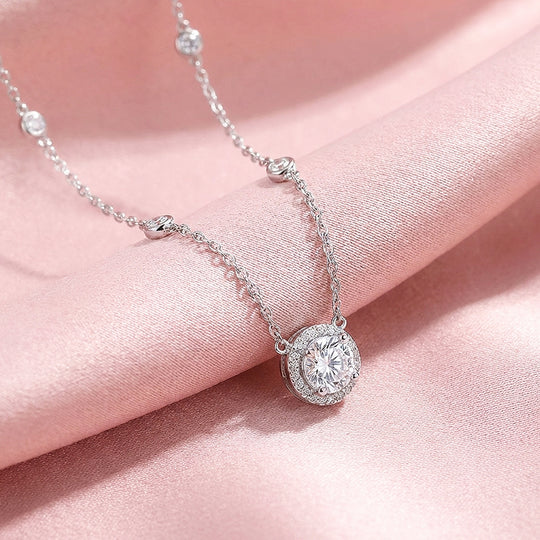 Round Halo Station Moissanite Pendant Necklace | PRM2007