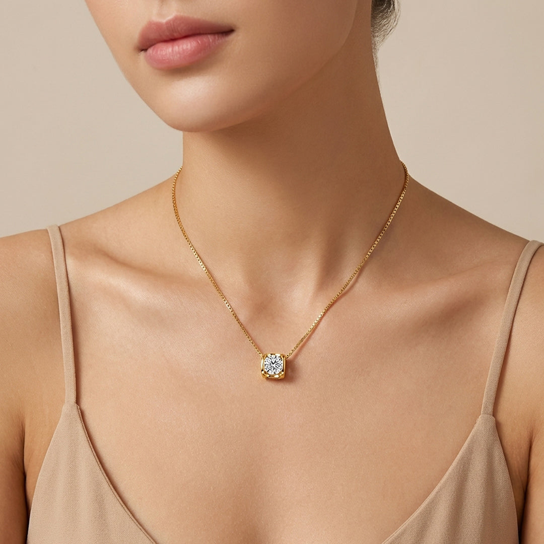 Square Bezel Moissanite Solitaire Pendant Necklace | PRM2019