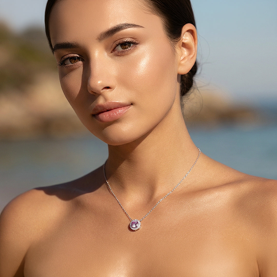 Round Halo Necklace | 925 Sterling Silver | Purple | Prm2032 - Ring | Singapore Jewellery, Wedding Rings &amp; Gifts | Same Day Delivery | Tiara.com.sg