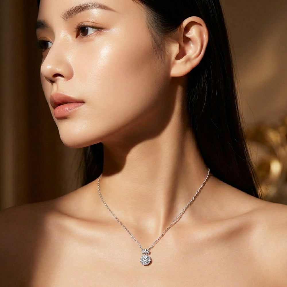 Bow & Round Halo Moissanite Pendant Necklace | PRM2049