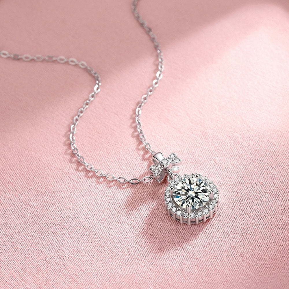 Bow & Round Halo Moissanite Pendant Necklace | PRM2049