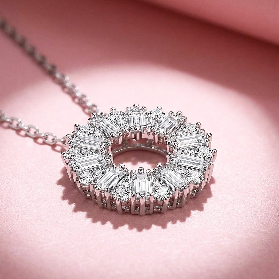Baguette Sunburst Circle Pendant Necklace | PRM2054