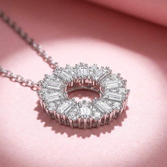 Baguette Sunburst Circle Pendant Necklace | PRM2054