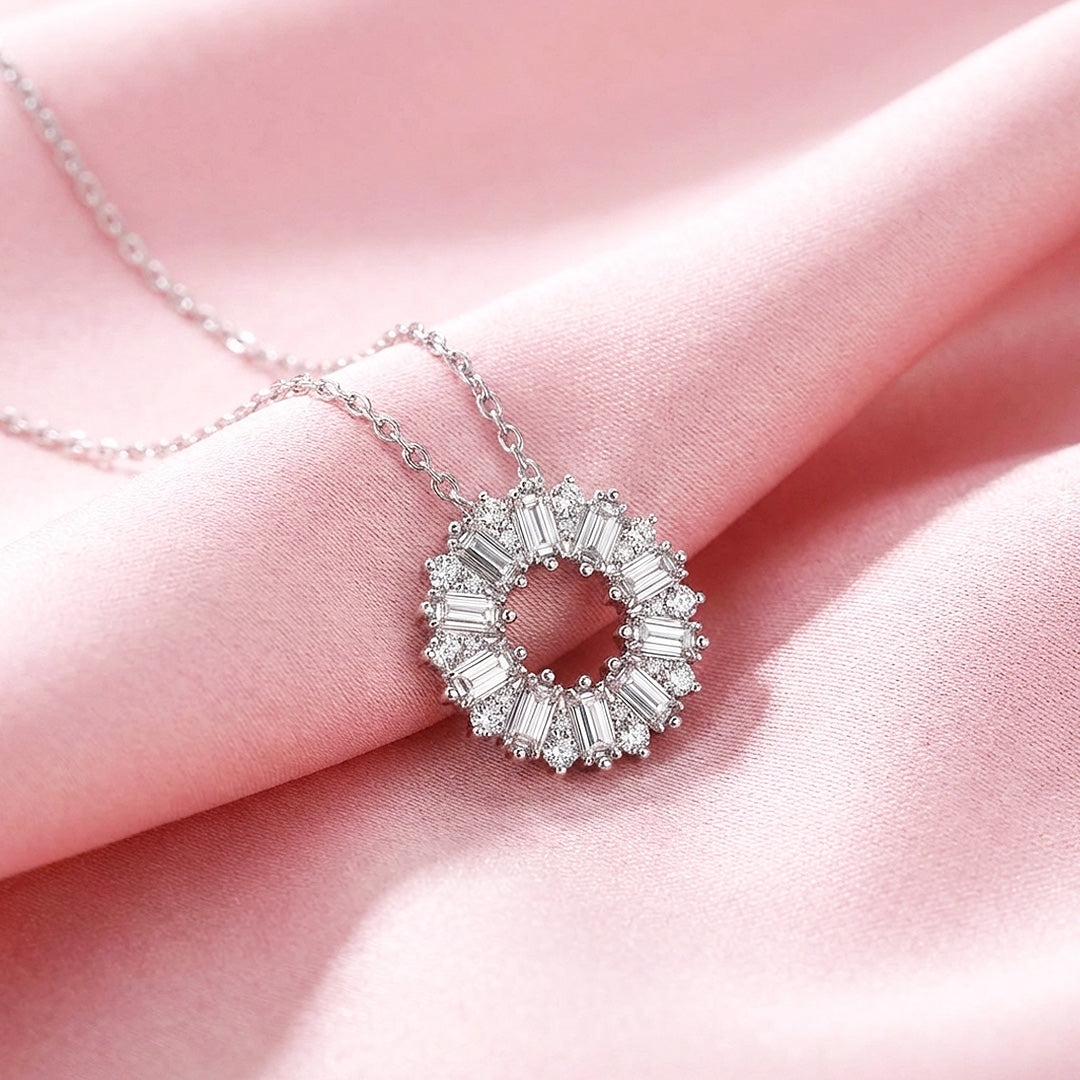 Baguette Sunburst Circle Pendant Necklace | PRM2054