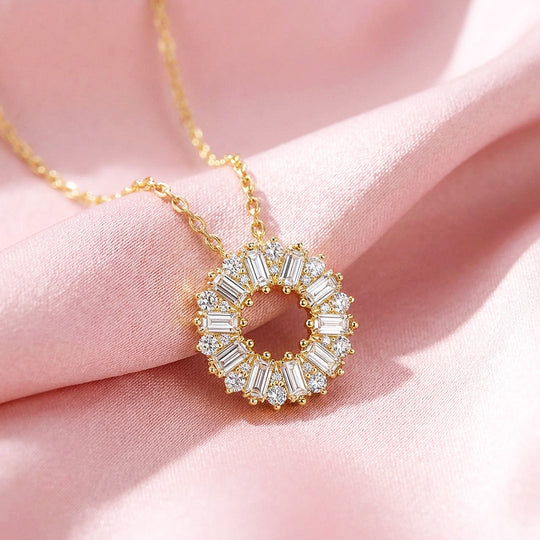 Baguette Sunburst Circle Pendant Necklace | PRM2054