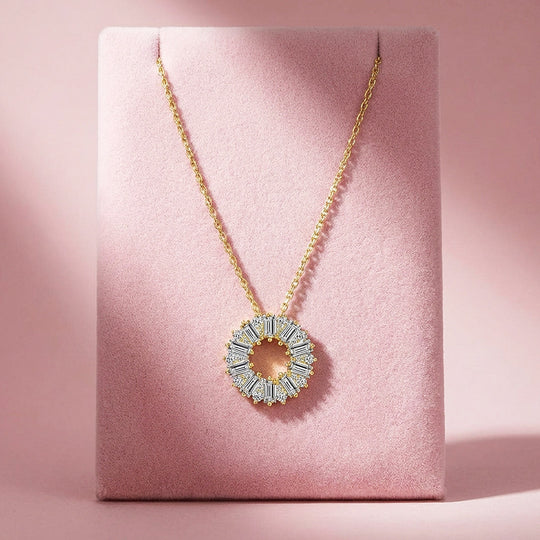 Baguette Sunburst Circle Pendant Necklace | PRM2054