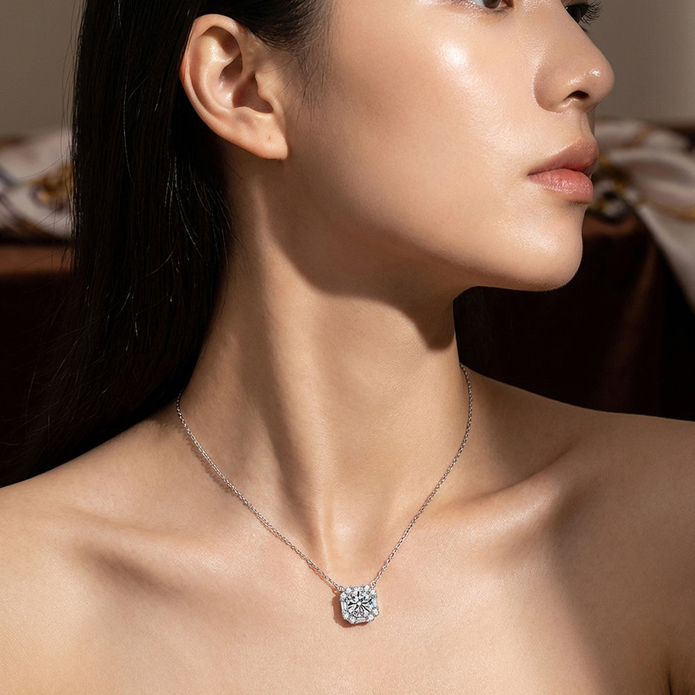 Square Mixed Halo Moissanite Necklace | PRM2058