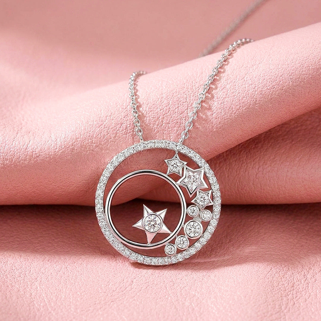 Celestial Star Circle Moissanite 925 Silver Pendant Necklace | PRM2073