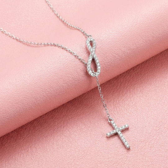 Infinity Cross Lariat Moissanite 925 Silver Pendant Necklace | PRM2074