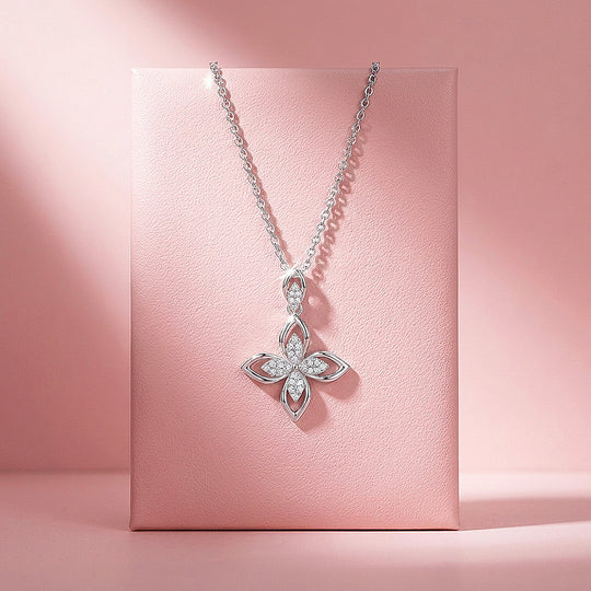 Four Petal Flower Moissanite 925 Silver Pendant Necklace | PRM2080