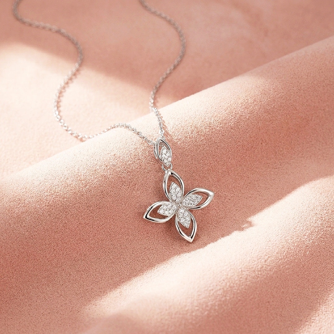 Four Petal Flower Moissanite 925 Silver Pendant Necklace | PRM2080