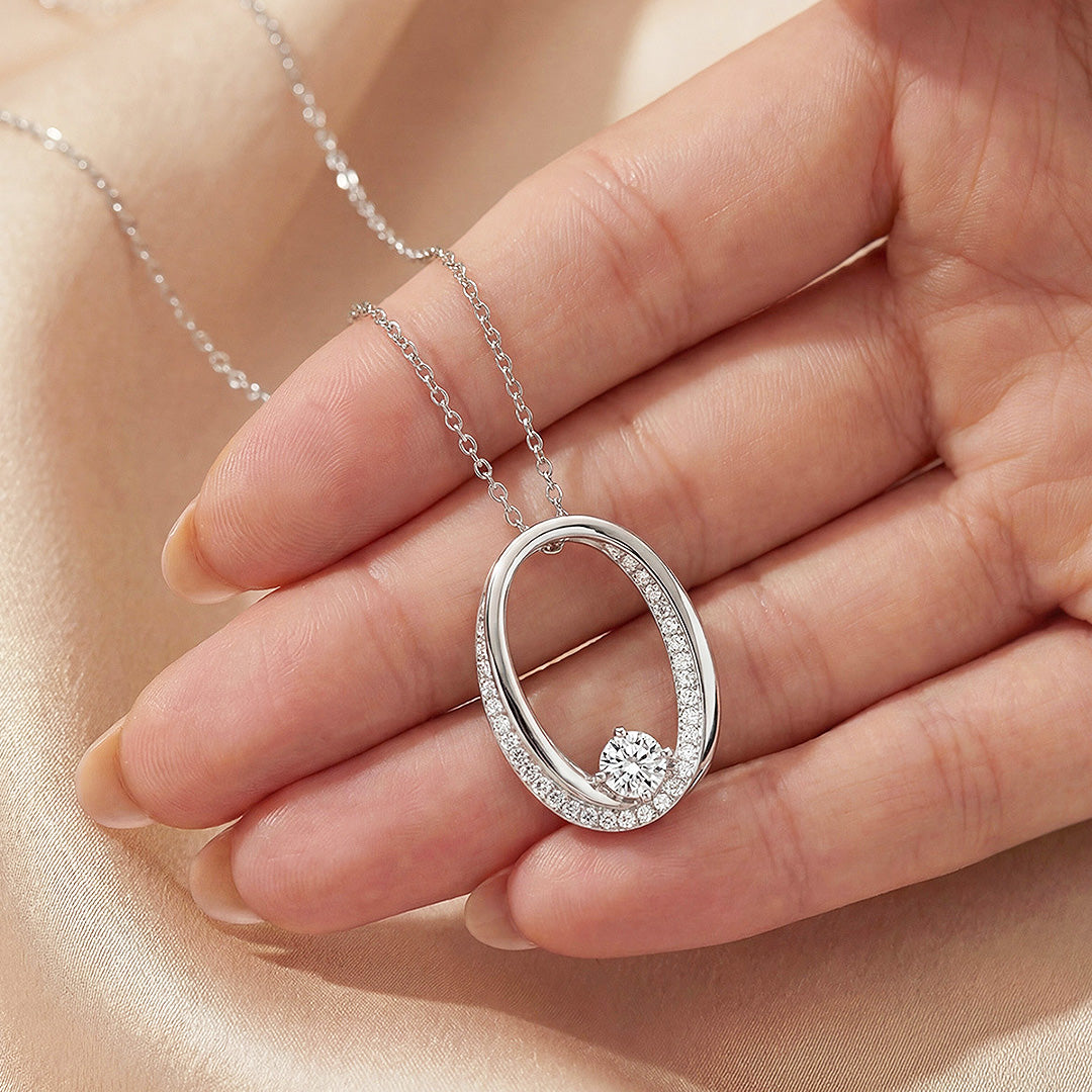 Open Oval Solitaire Moissanite 925 Silver Pendant Necklace | PRM2081
