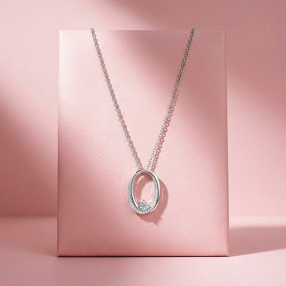 Open Oval Solitaire Moissanite 925 Silver Pendant Necklace | PRM2081