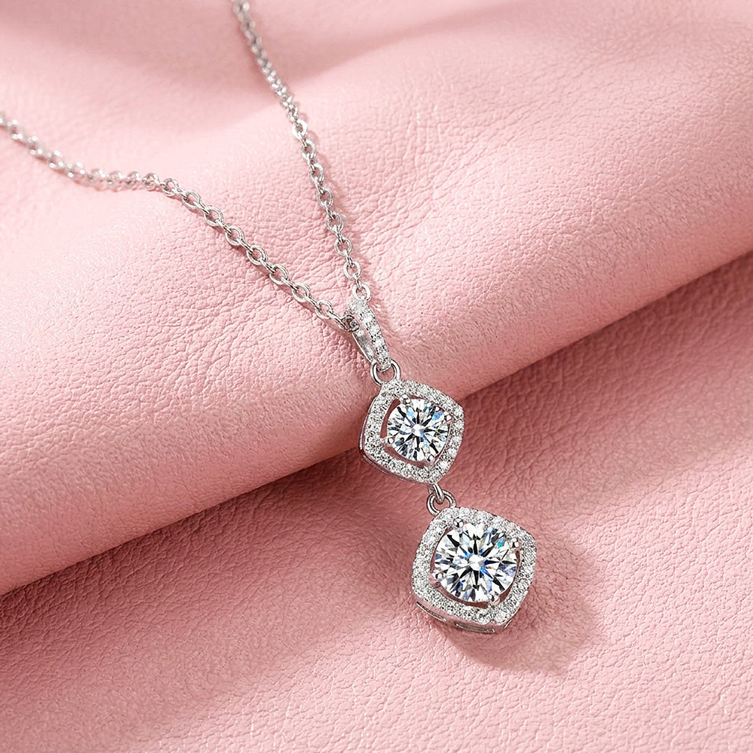 Double Halo Drop Moissanite 925 Silver Pendant Necklace | PRM2085