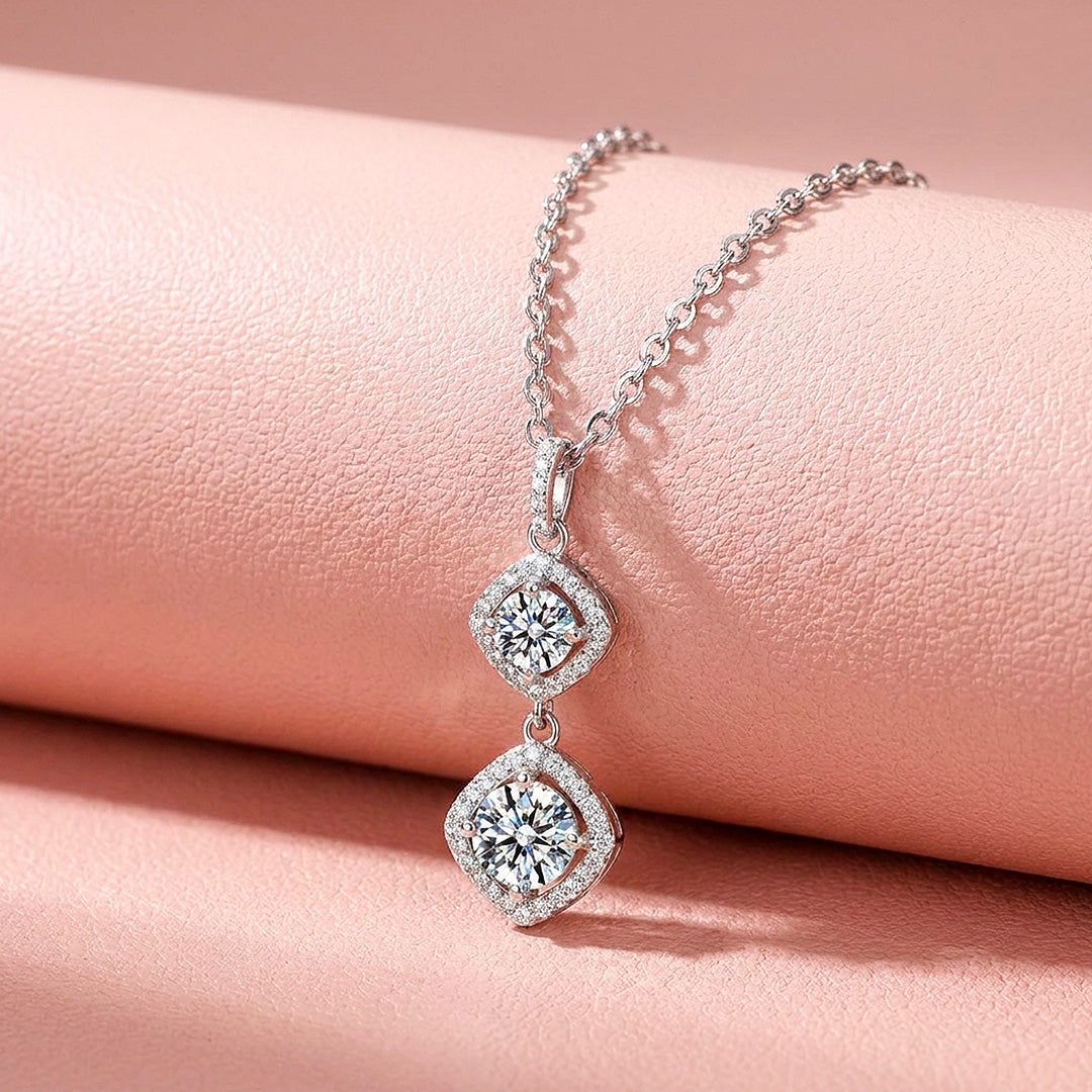 Double Halo Drop Moissanite 925 Silver Pendant Necklace | PRM2085