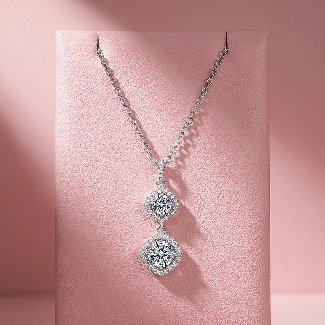 Double Halo Drop Moissanite 925 Silver Pendant Necklace | PRM2085