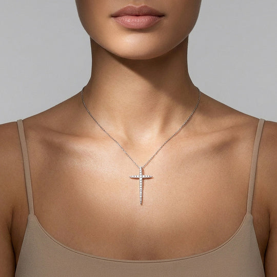Pavé Cross Moissanite 925 Silver Pendant Necklace | PRM2086