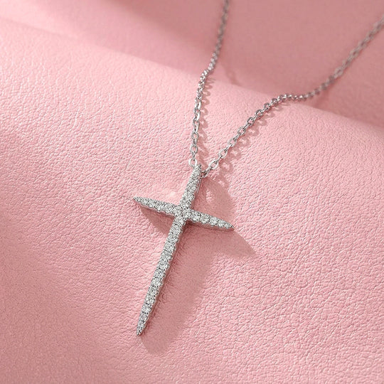 Pavé Cross Moissanite 925 Silver Pendant Necklace | PRM2086