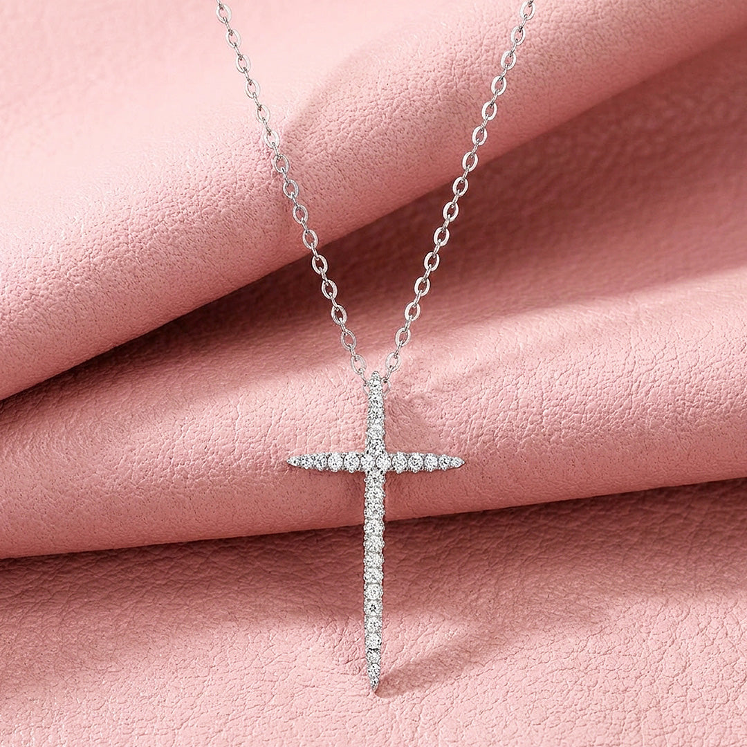 Pavé Cross Moissanite 925 Silver Pendant Necklace | PRM2086