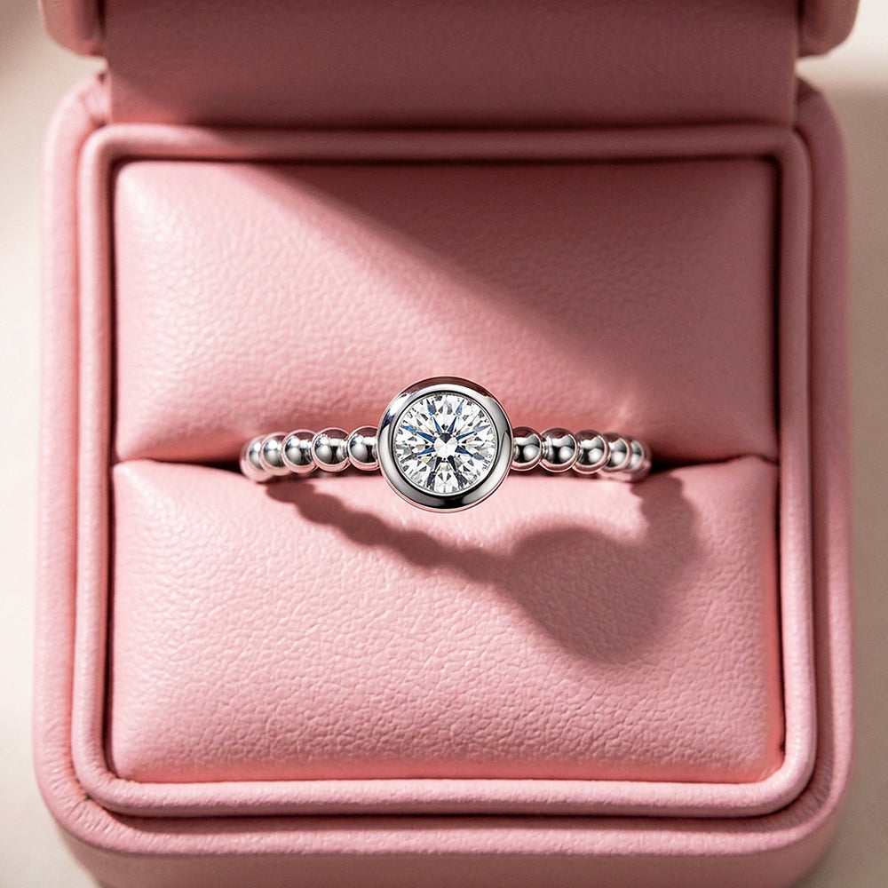 Round Bezel Solitaire Beaded Ring | Moissanite | 925 Sterling Silver | Prm5030