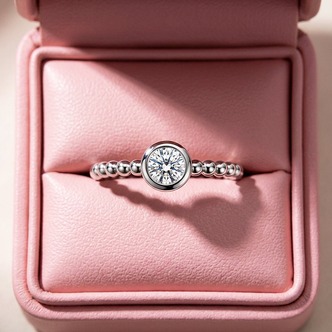 Round Bezel Solitaire Beaded Ring | Moissanite | 925 Sterling Silver | Prm5030