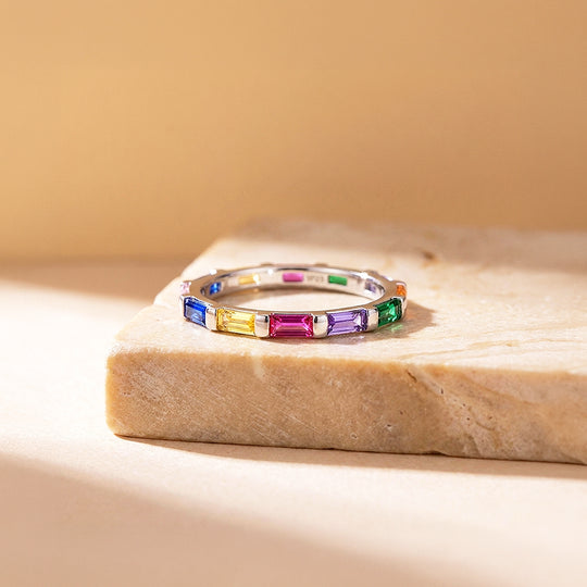 Rainbow Baguette Eternity Ring | 925 Sterling Silver | Prm5006