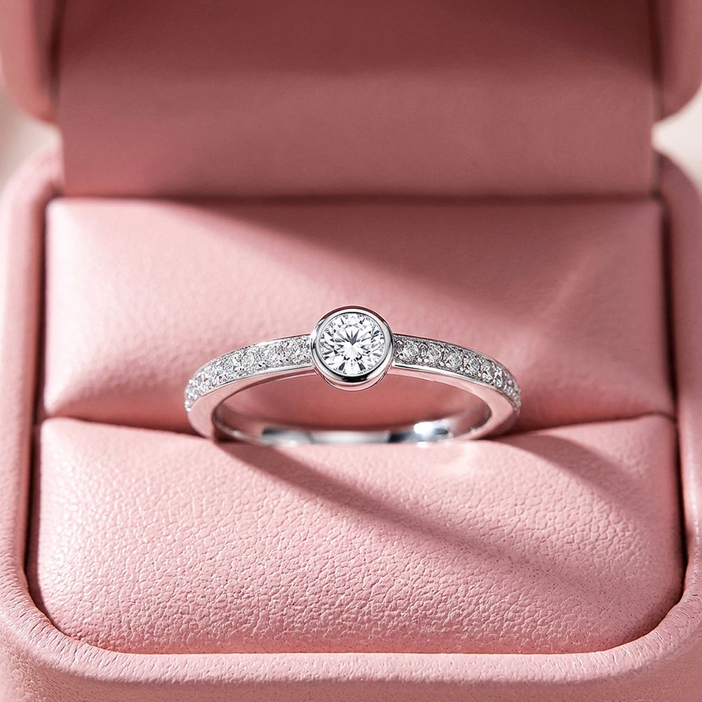 Bezel Solitaire Pavé Band Ring | Moissanite | 925 Sterling Silver | Prm5011