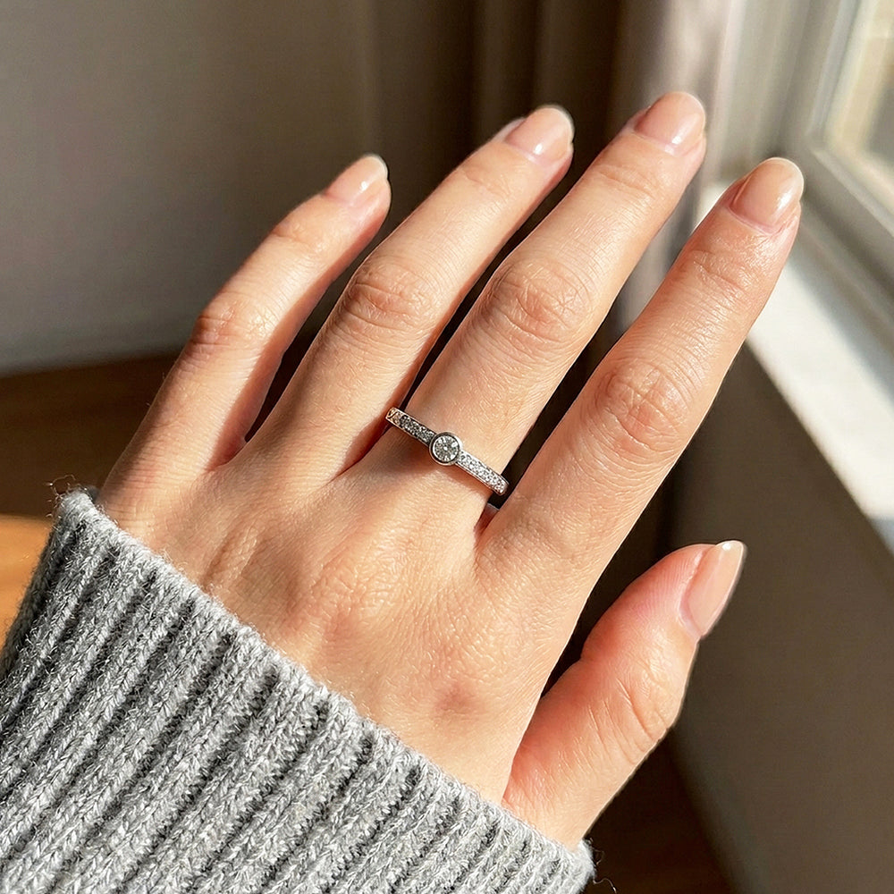 Bezel Solitaire Pavé Band Ring | Moissanite | 925 Sterling Silver | Prm5011