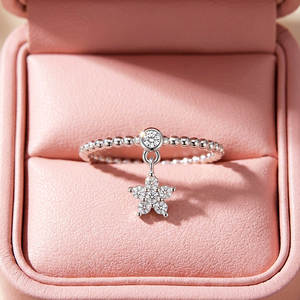 Flower Charm Dangle Beaded Ring | Moissanite | 925 Sterling Silver | Prm5015