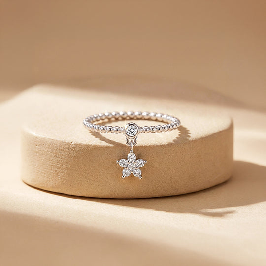 Flower Charm Dangle Beaded Ring | Moissanite | 925 Sterling Silver | Prm5015