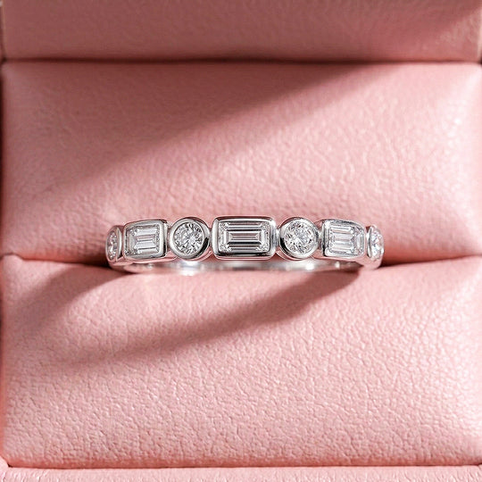 Emerald Cut &amp; Round Bezel Band Ring | Diamond Simulant | 925 Sterling Silver | Prm5019