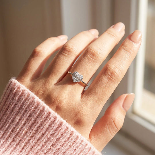 Baguette &amp; Pavé Heart Ring | Diamond Simulant | 925 Sterling Silver | PRM5027