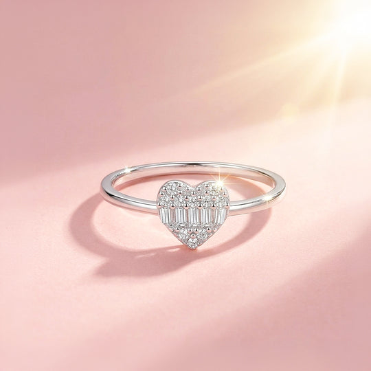 Baguette &amp; Pavé Heart Ring | Diamond Simulant | 925 Sterling Silver | PRM5027