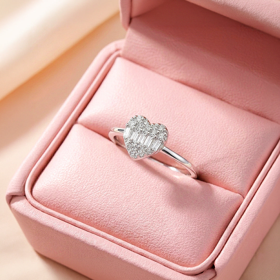 Baguette &amp; Pavé Heart Ring | Diamond Simulant | 925 Sterling Silver | PRM5027