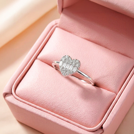Baguette &amp; Pavé Heart Ring | Diamond Simulant | 925 Sterling Silver | PRM5027