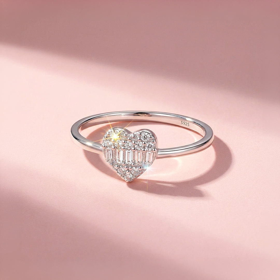Baguette &amp; Pavé Heart Ring | Diamond Simulant | 925 Sterling Silver | PRM5027