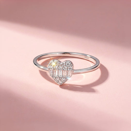 Baguette &amp; Pavé Heart Ring | Diamond Simulant | 925 Sterling Silver | PRM5027