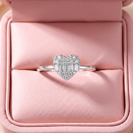 Baguette &amp; Pavé Heart Ring | Diamond Simulant | 925 Sterling Silver | PRM5027