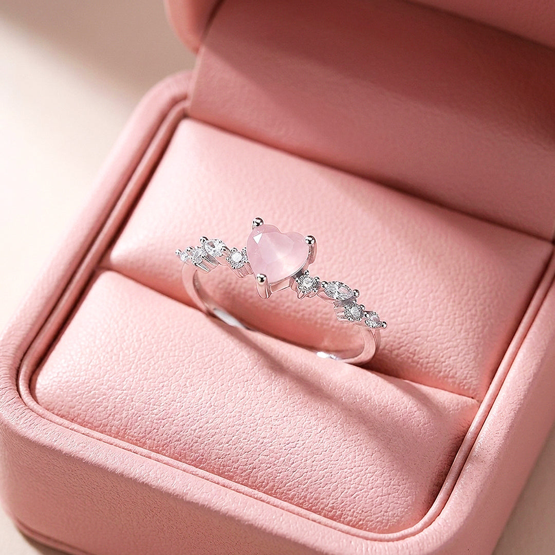 Heart Rose Quartz Ring | Diamond Simulant | 925 Sterling Silver | PRM5029