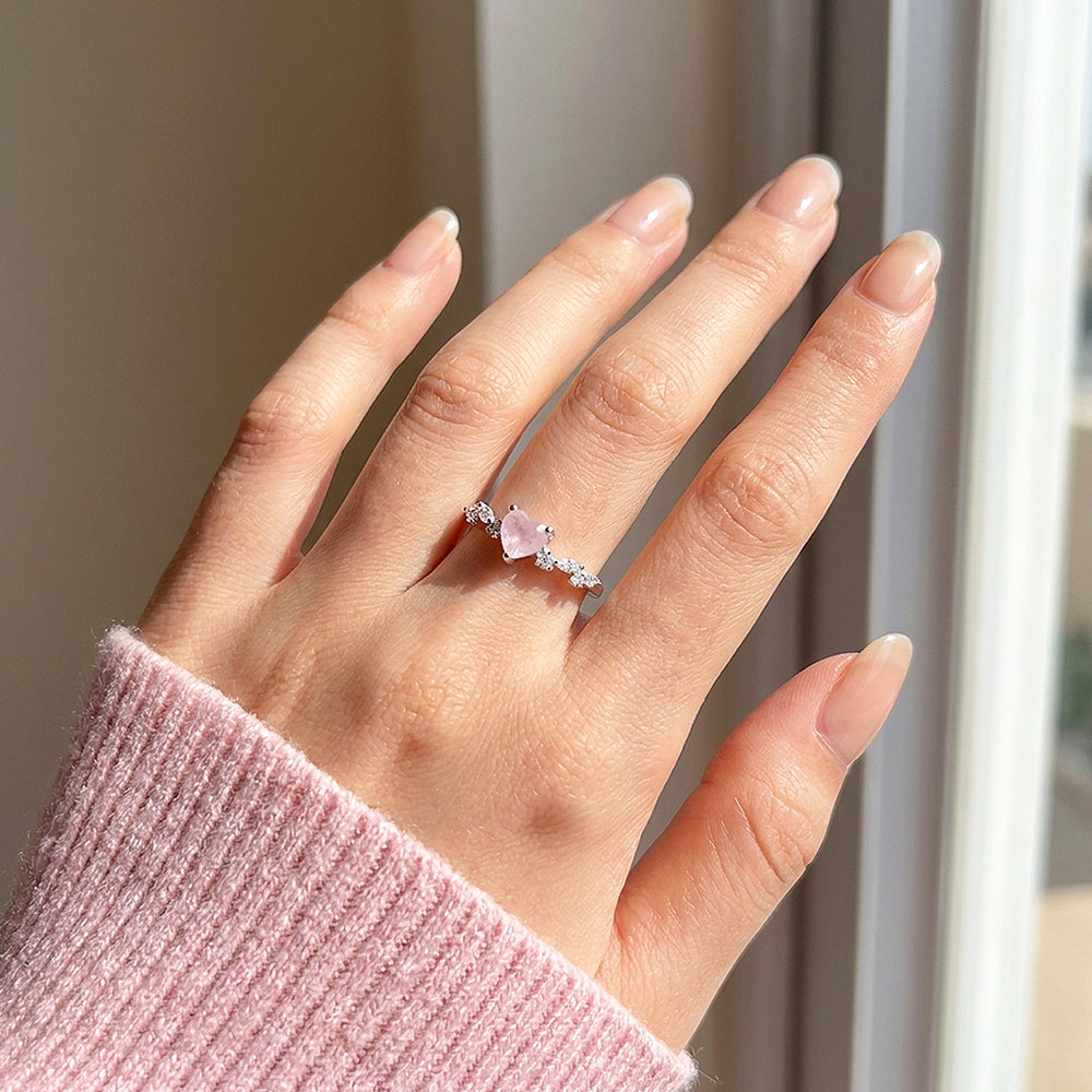 Heart Rose Quartz Ring | Diamond Simulant | 925 Sterling Silver | PRM5029
