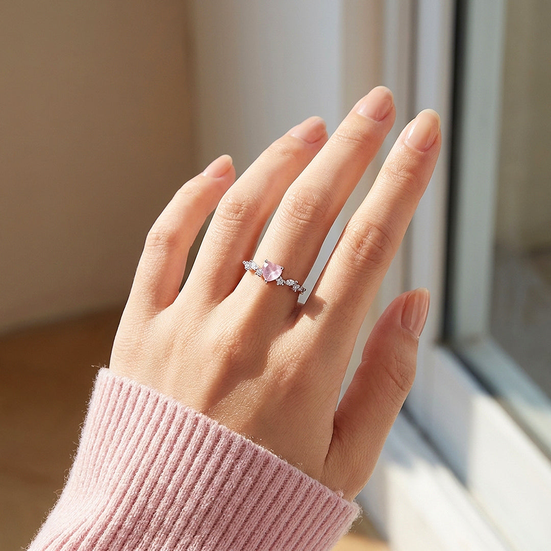 Heart Rose Quartz Ring | Diamond Simulant | 925 Sterling Silver | PRM5029